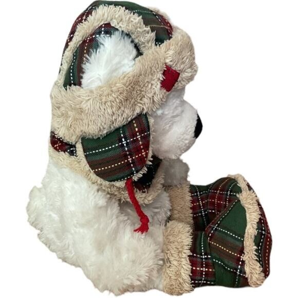 Hugfun White Plush Teddy Bear Plaid Hat Mittens Winter Stuffed Animal 18" - Picture 3 of 4